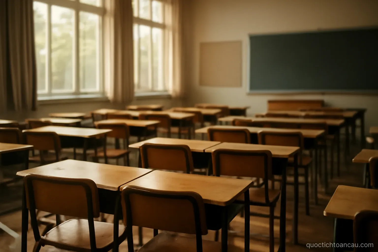 an empty classroom with rows of desks and afternoon light through tall windows