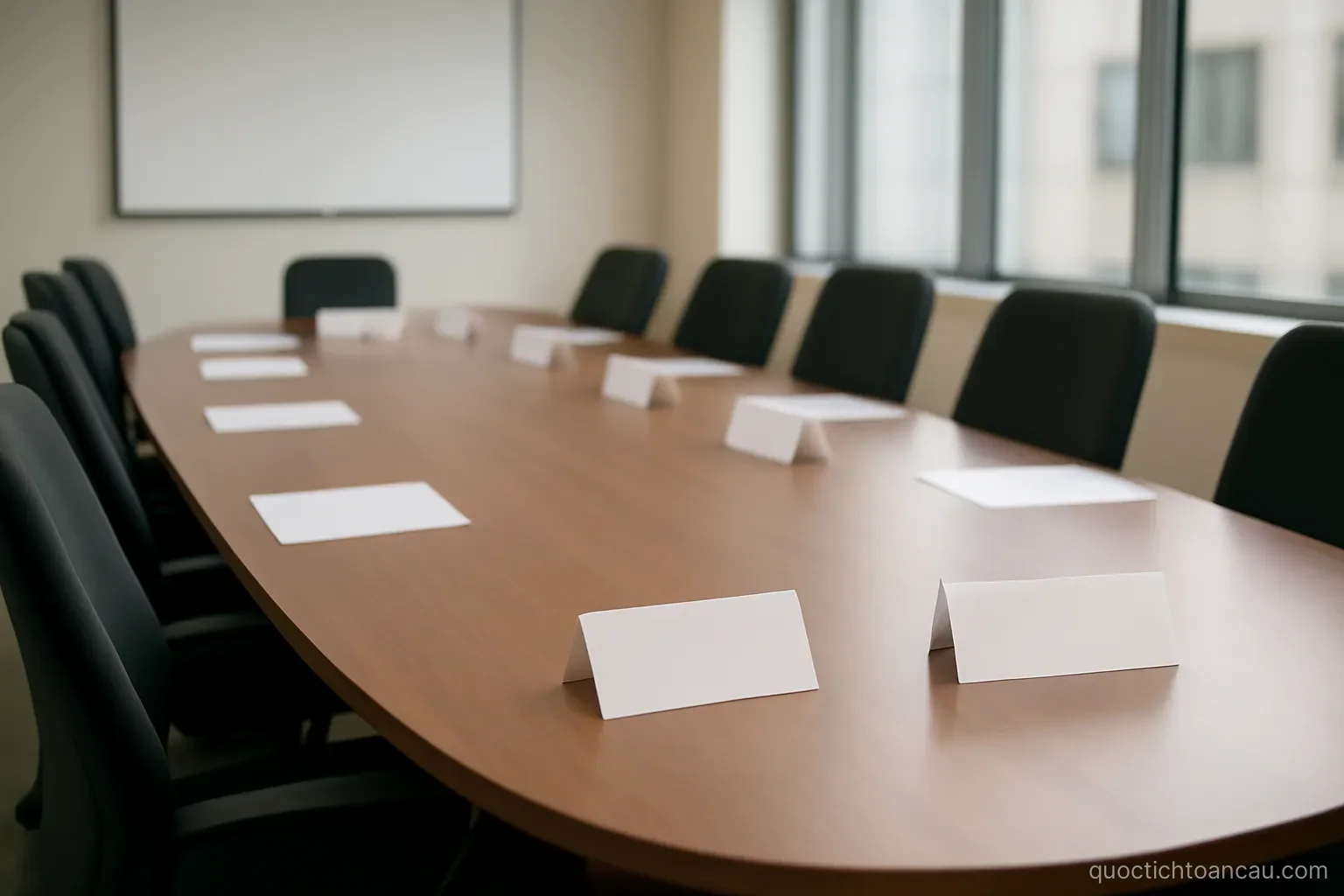 a conference room with an oval table and name cards set at each place, chairs empty
