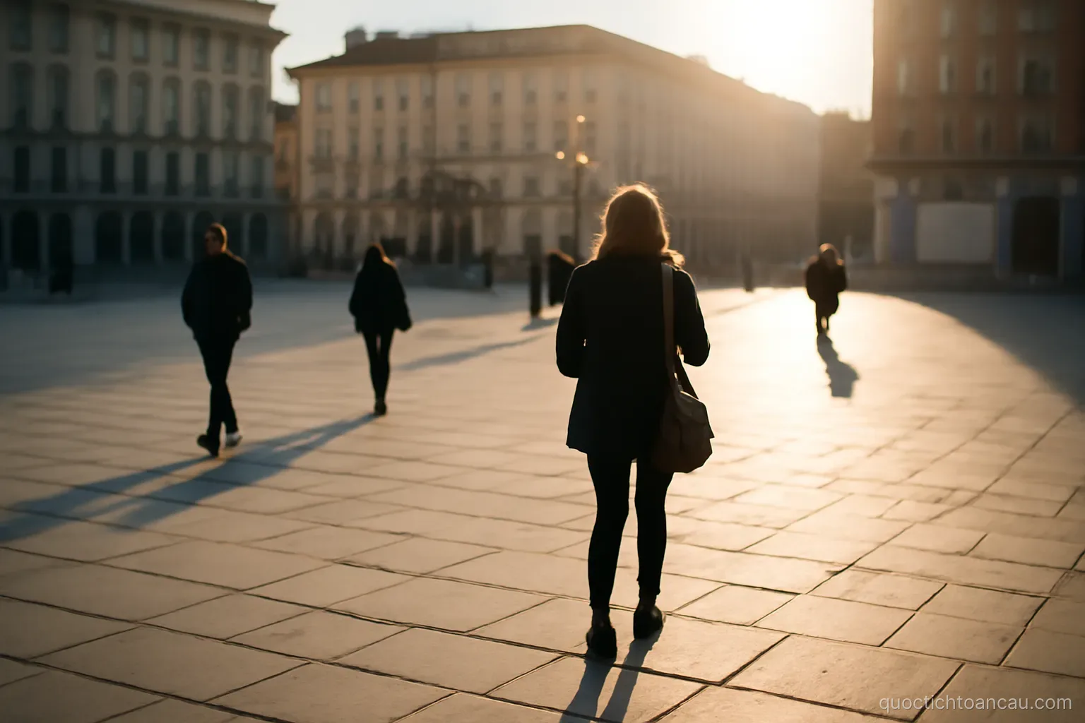 a public square with a few people crossing it and long shadows in late afternoon light