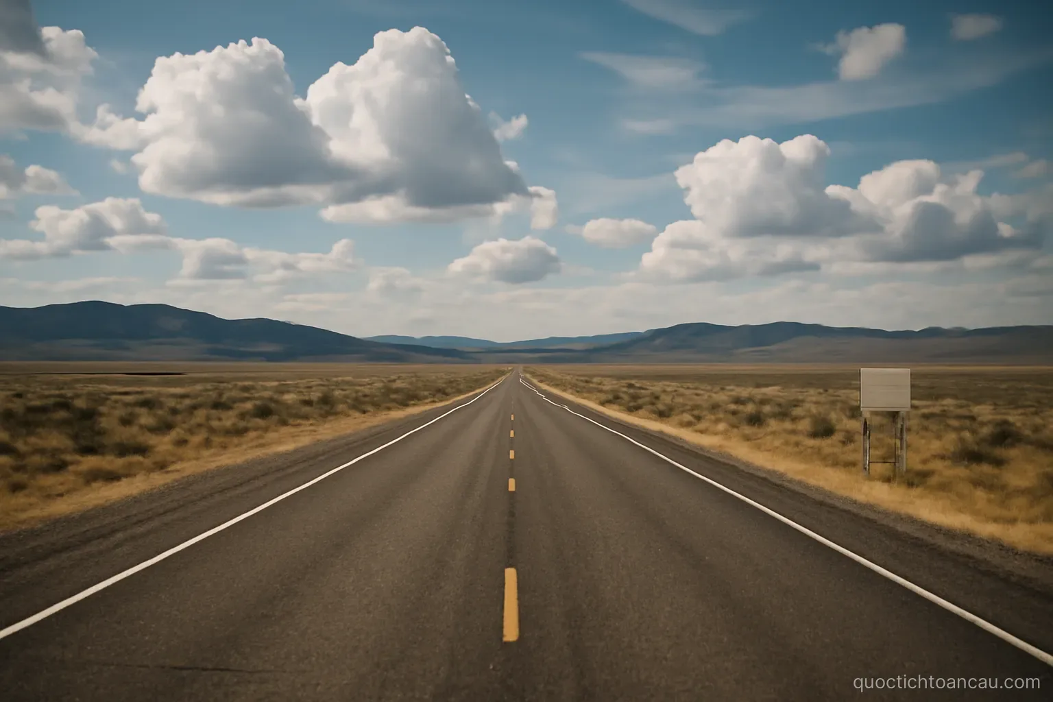 a wide open highway stretching toward distant hills under a large sky
