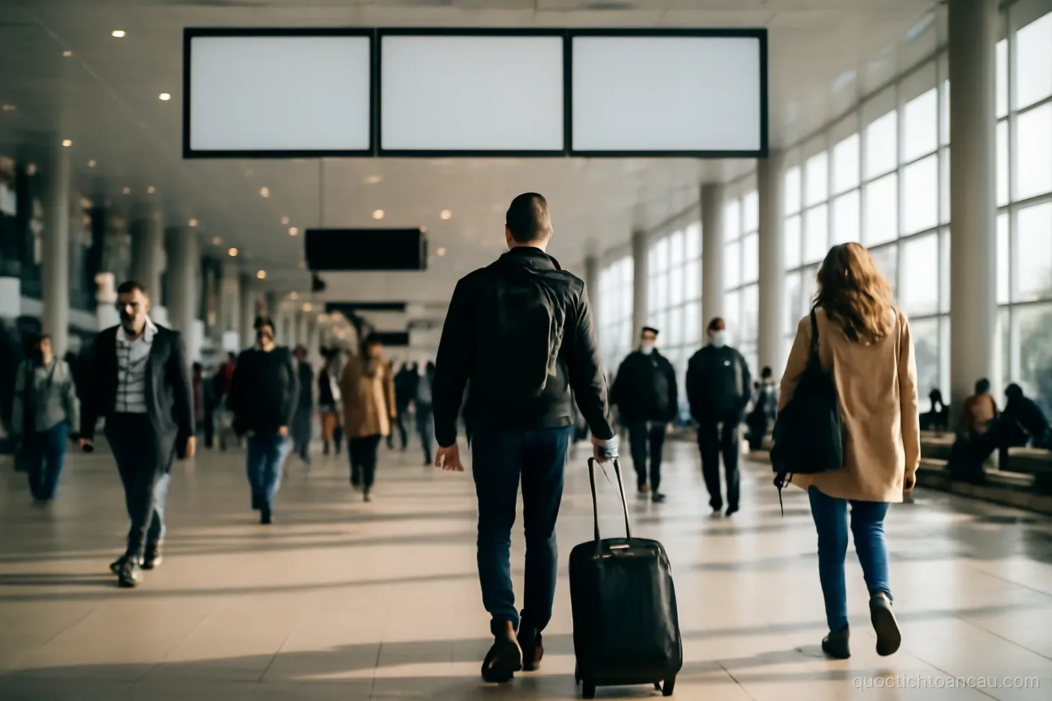 an airport departure hall with people walking in several directions and overhead signage