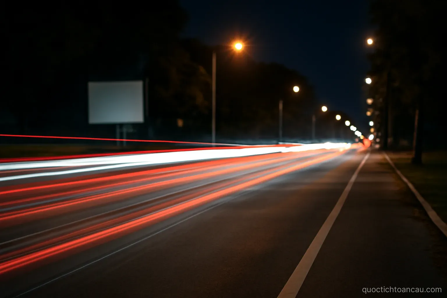 a long exposure of moving traffic on a wide road at night leaving light trails