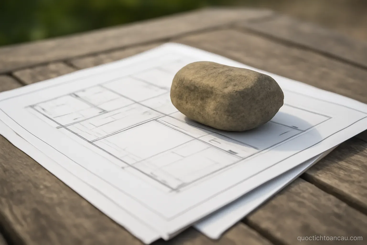 a set of architectural drawings weighted down by a stone on an outdoor table