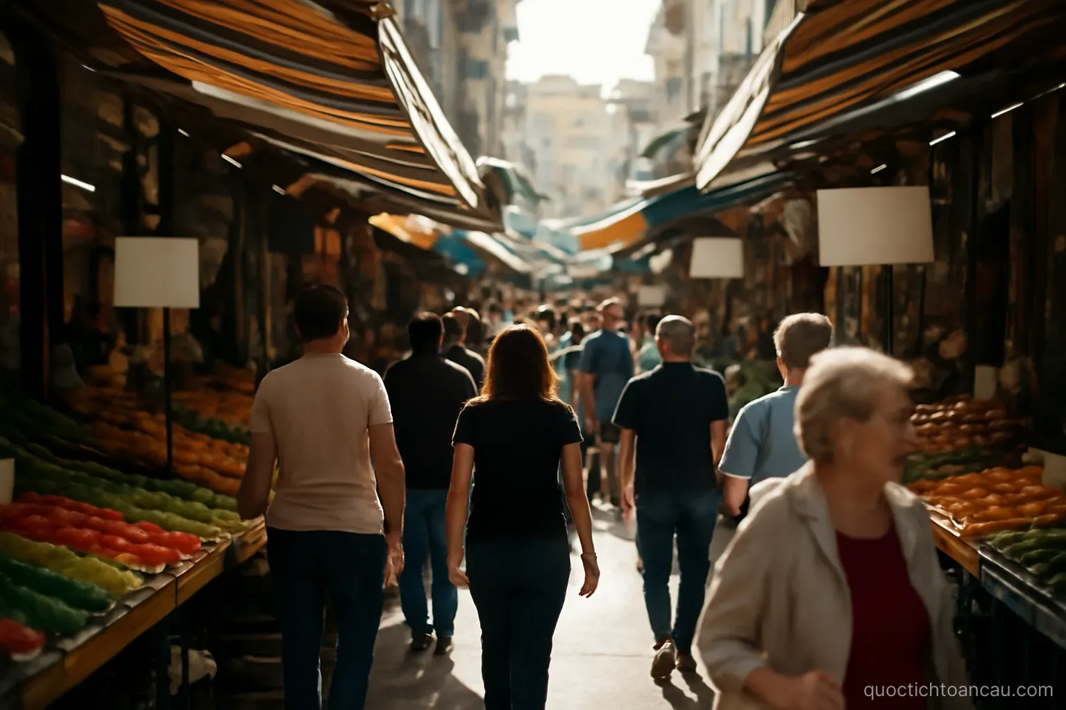 a busy market street with stalls under awnings and people moving between them