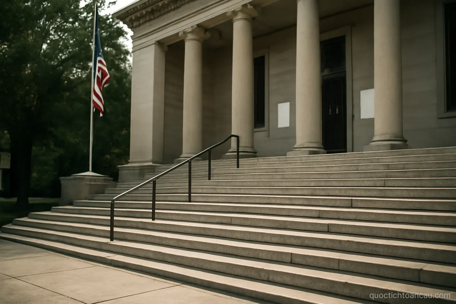 a set of wide steps leading up to a public building with a flagpole beside them