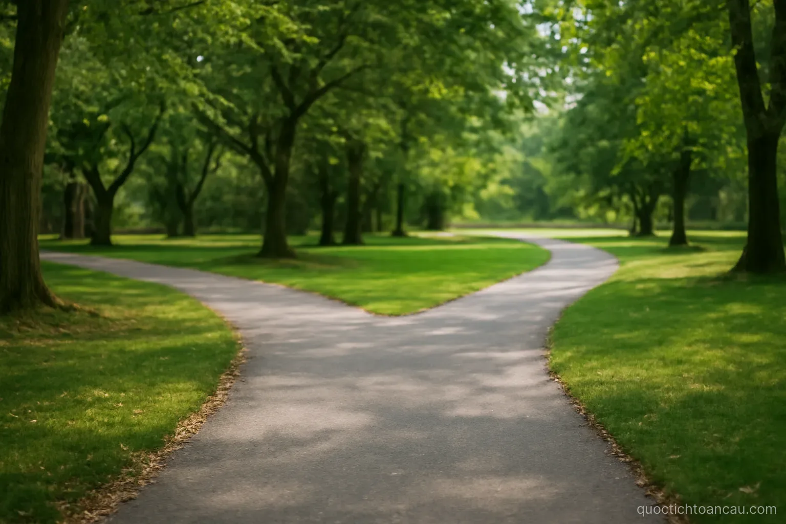 a fork in a paved path through a quiet park with trees on both sides