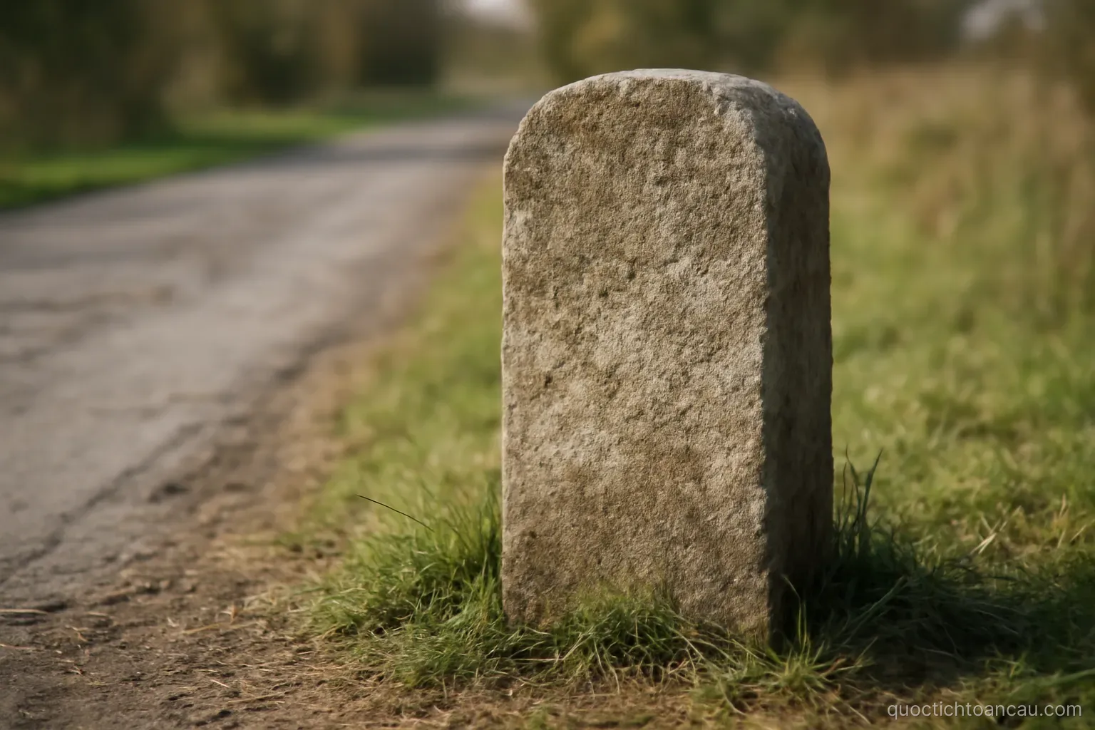 a weathered stone milestone standing beside an old road with grass growing around its base