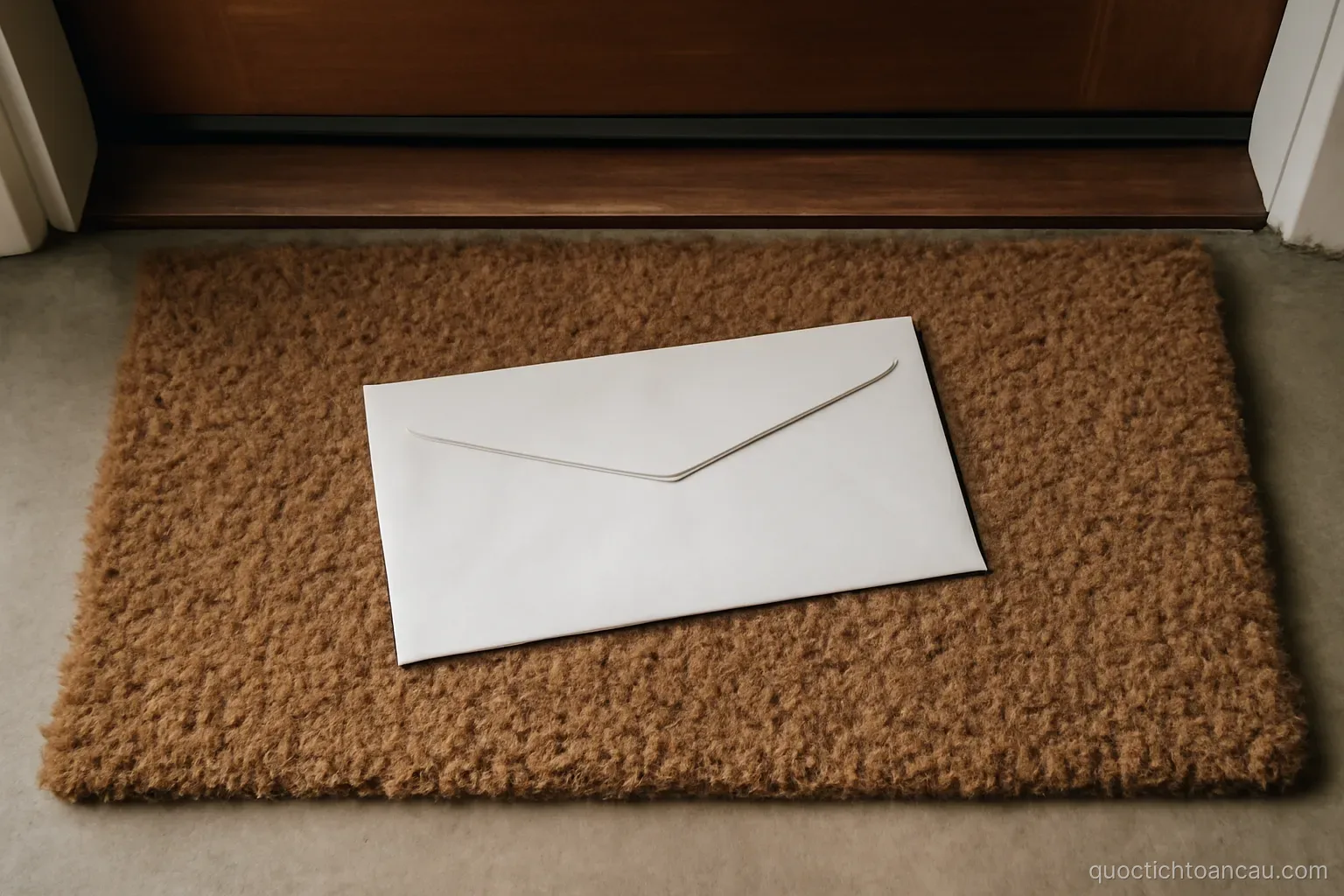a plain government envelope lying on a doormat inside a front door, seen from directly above