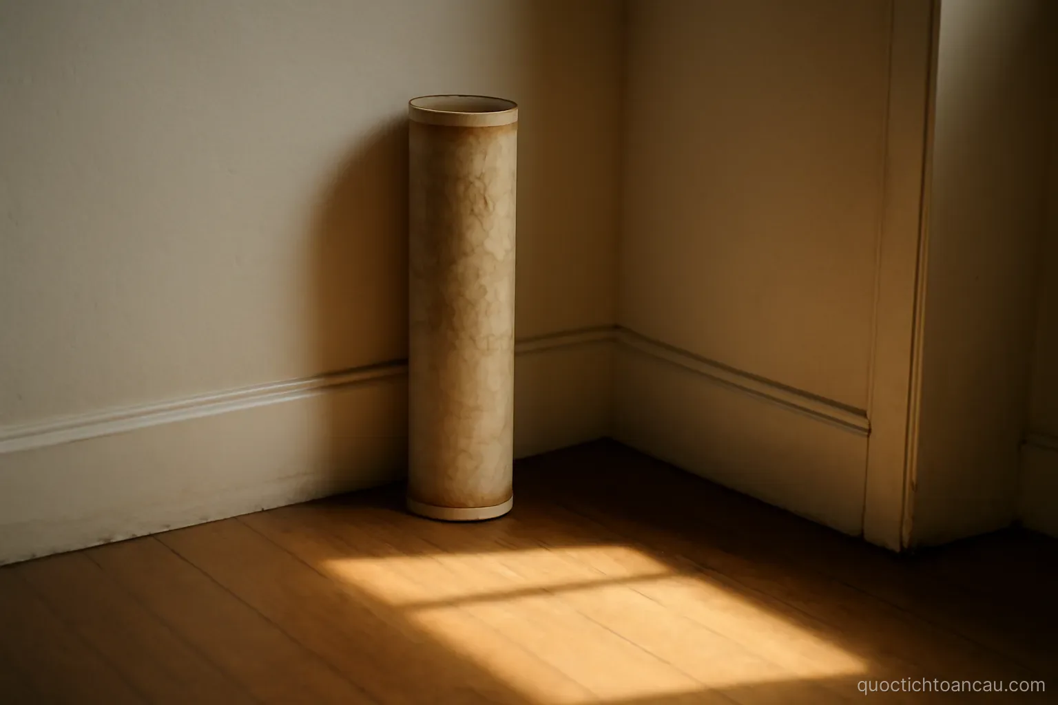 a rolled up map standing in the corner of a room with sunlight falling across the floor