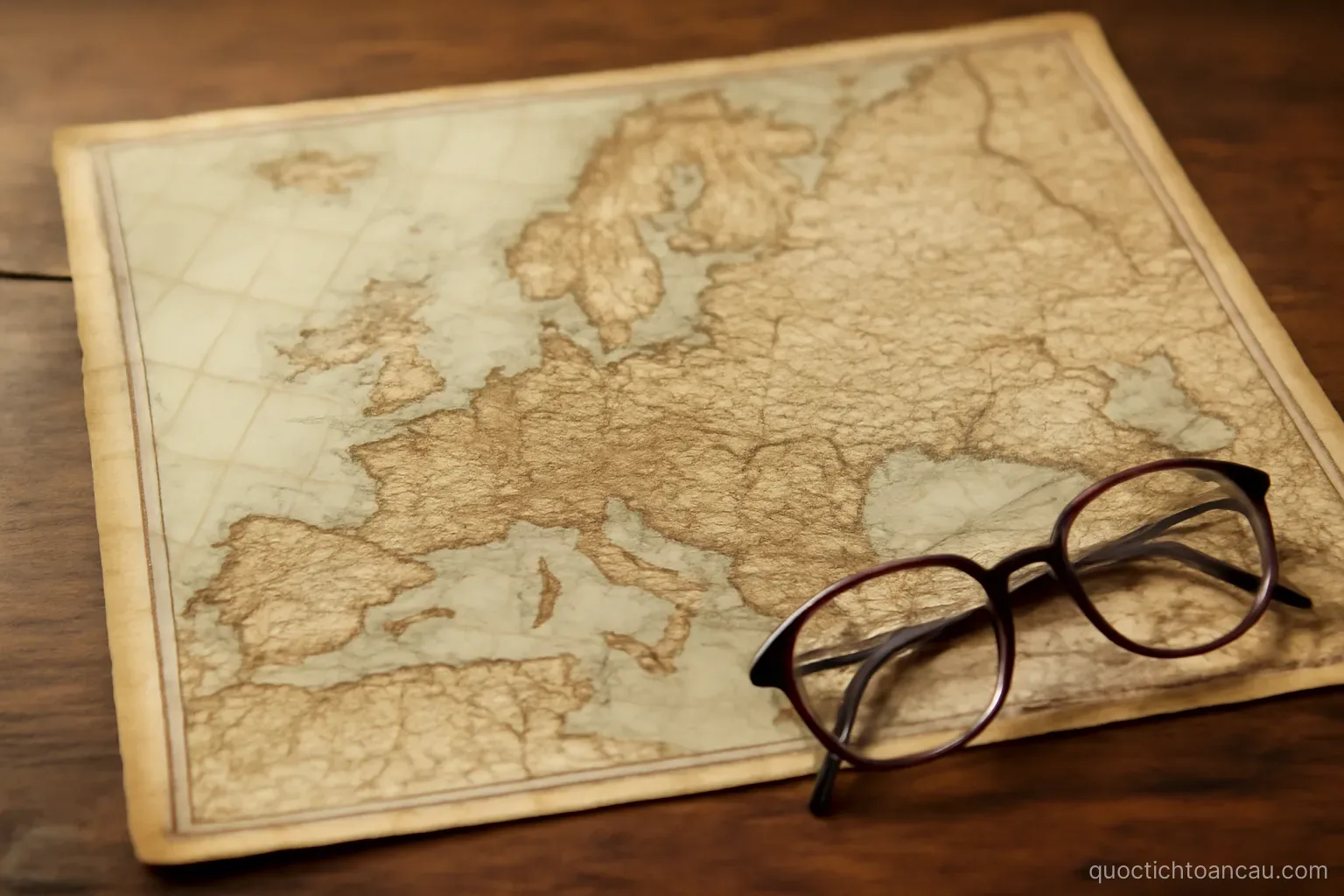 an old map of Europe spread on a wooden table with a pair of reading glasses at the corner