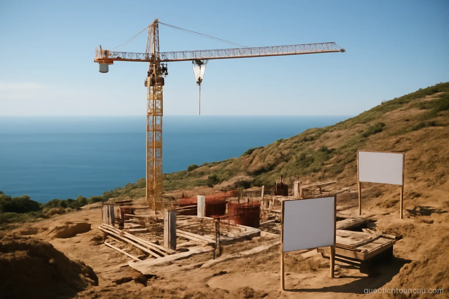 a construction site on a hillside overlooking the sea with a crane standing idle
