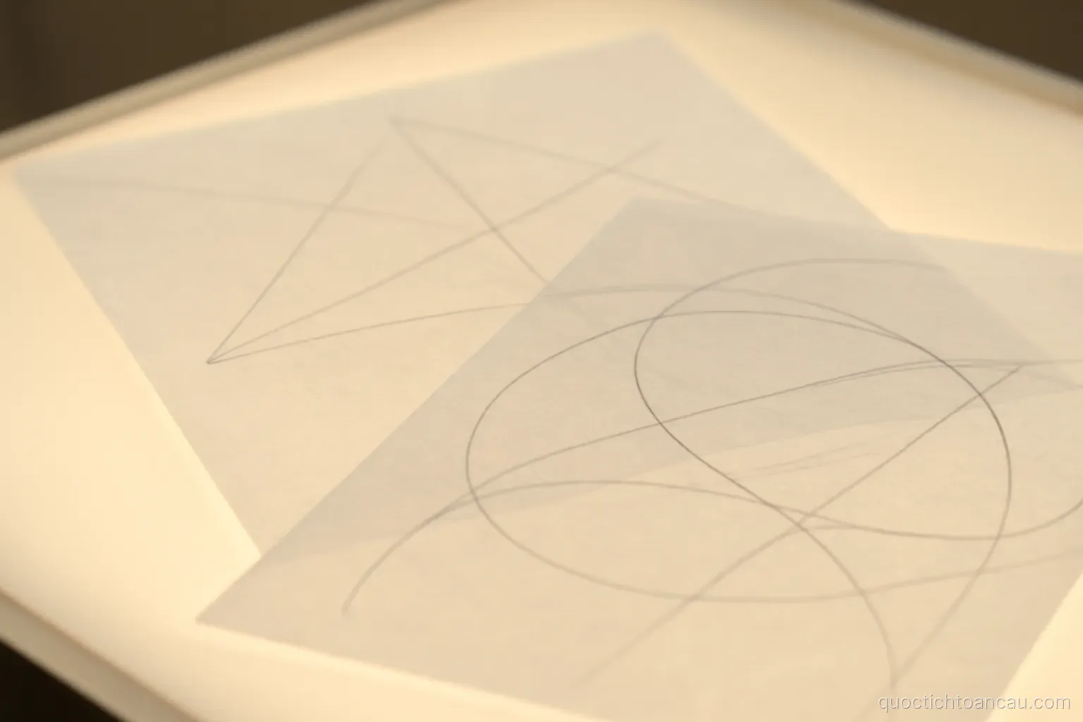 two overlapping sheets of tracing paper on a light table with different lines drawn on each