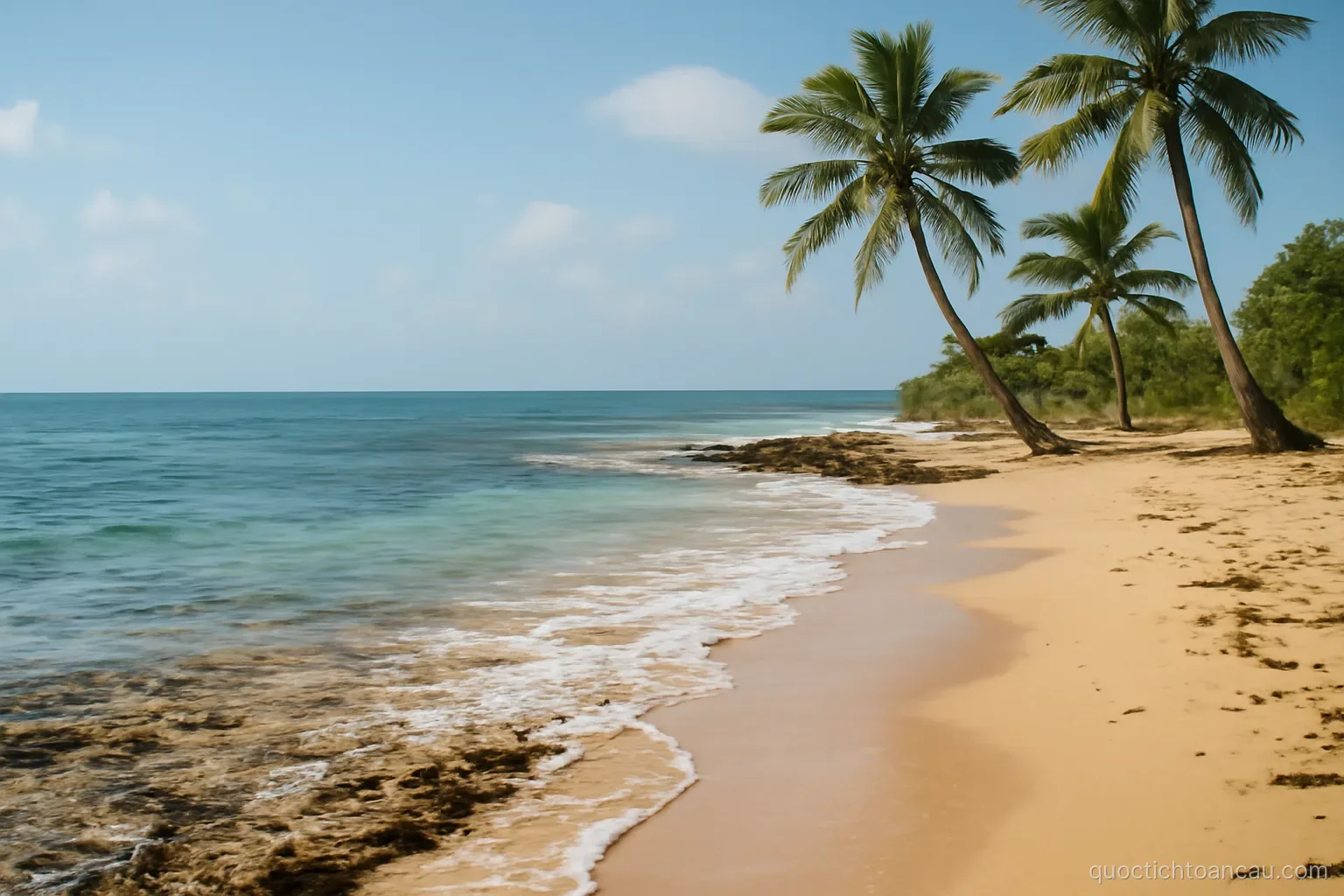 a low coral shoreline with waves washing over a narrow strip of sand and scattered palms