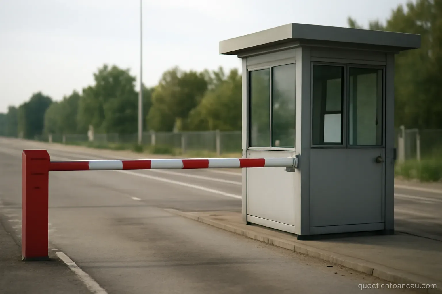 a border checkpoint booth with a lowered barrier and no vehicles waiting
