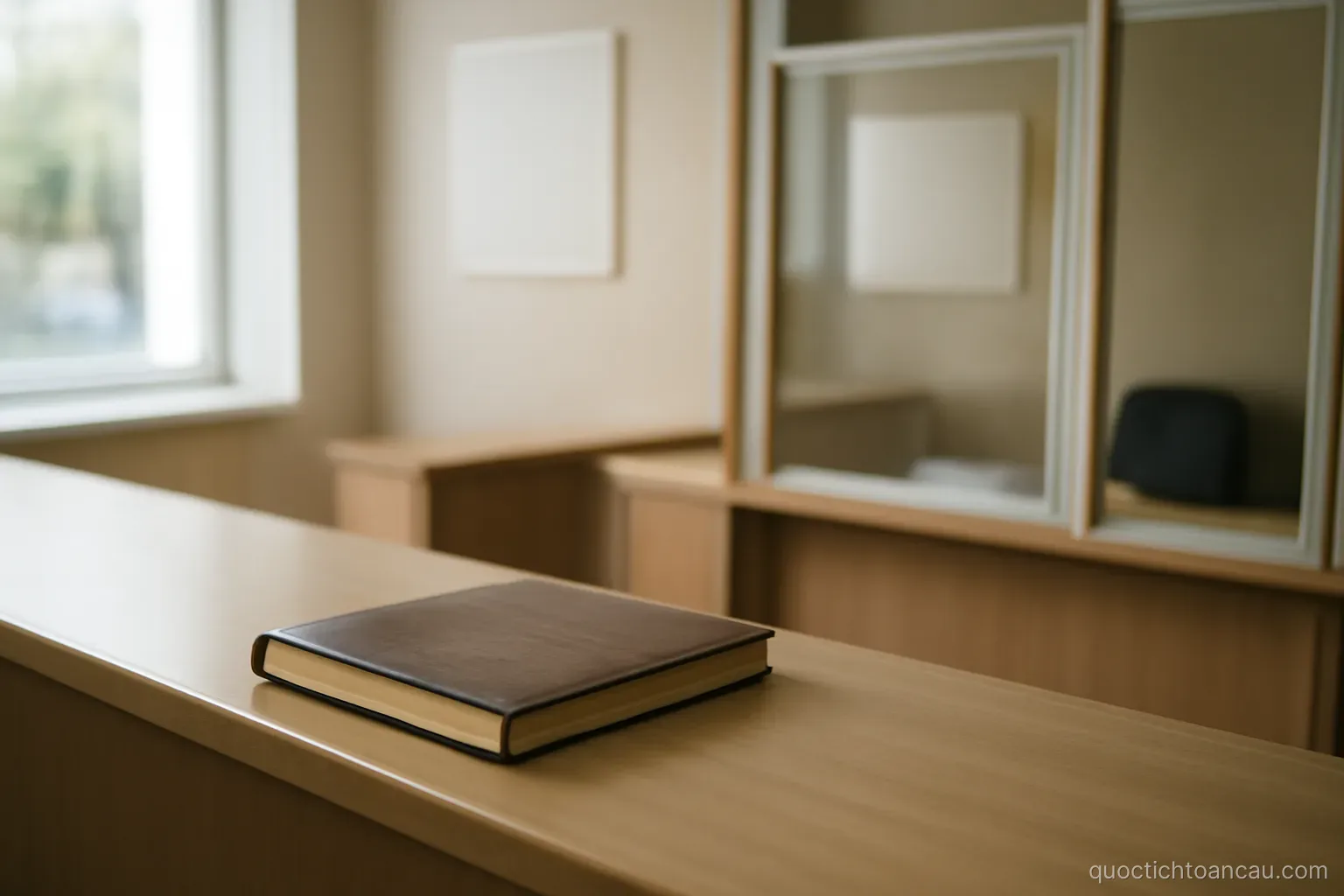 an empty registry office counter with a ledger closed on the surface
