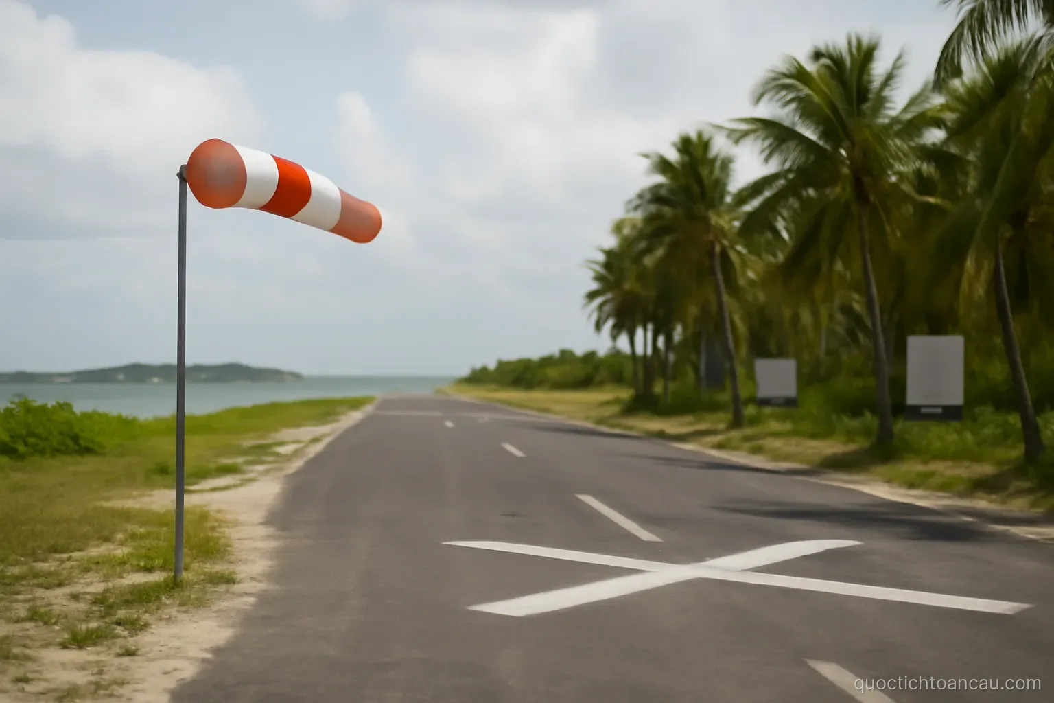 a small airstrip on an island with a windsock and palm trees along one side