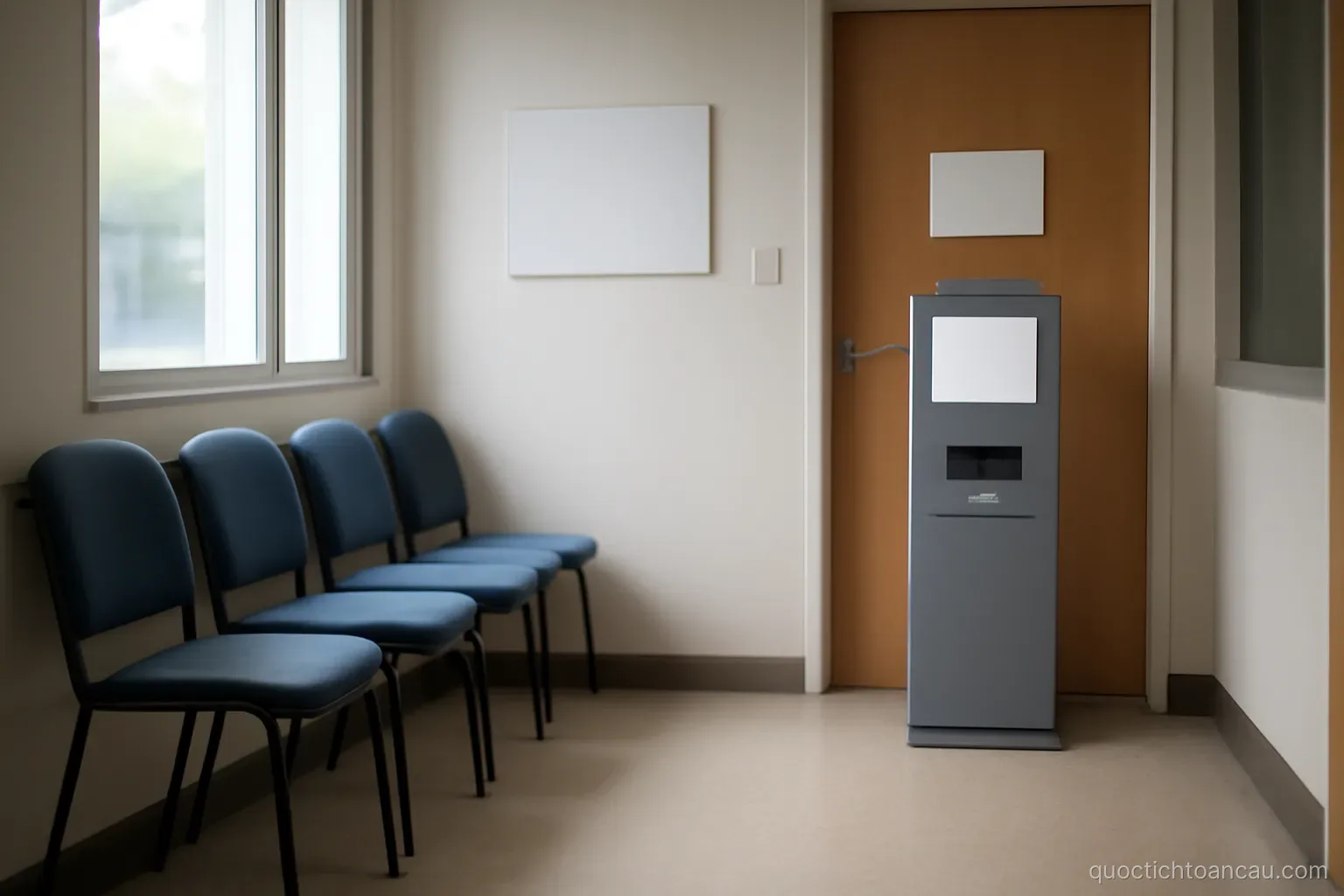 an empty consular waiting room with a numbered ticket machine by the door