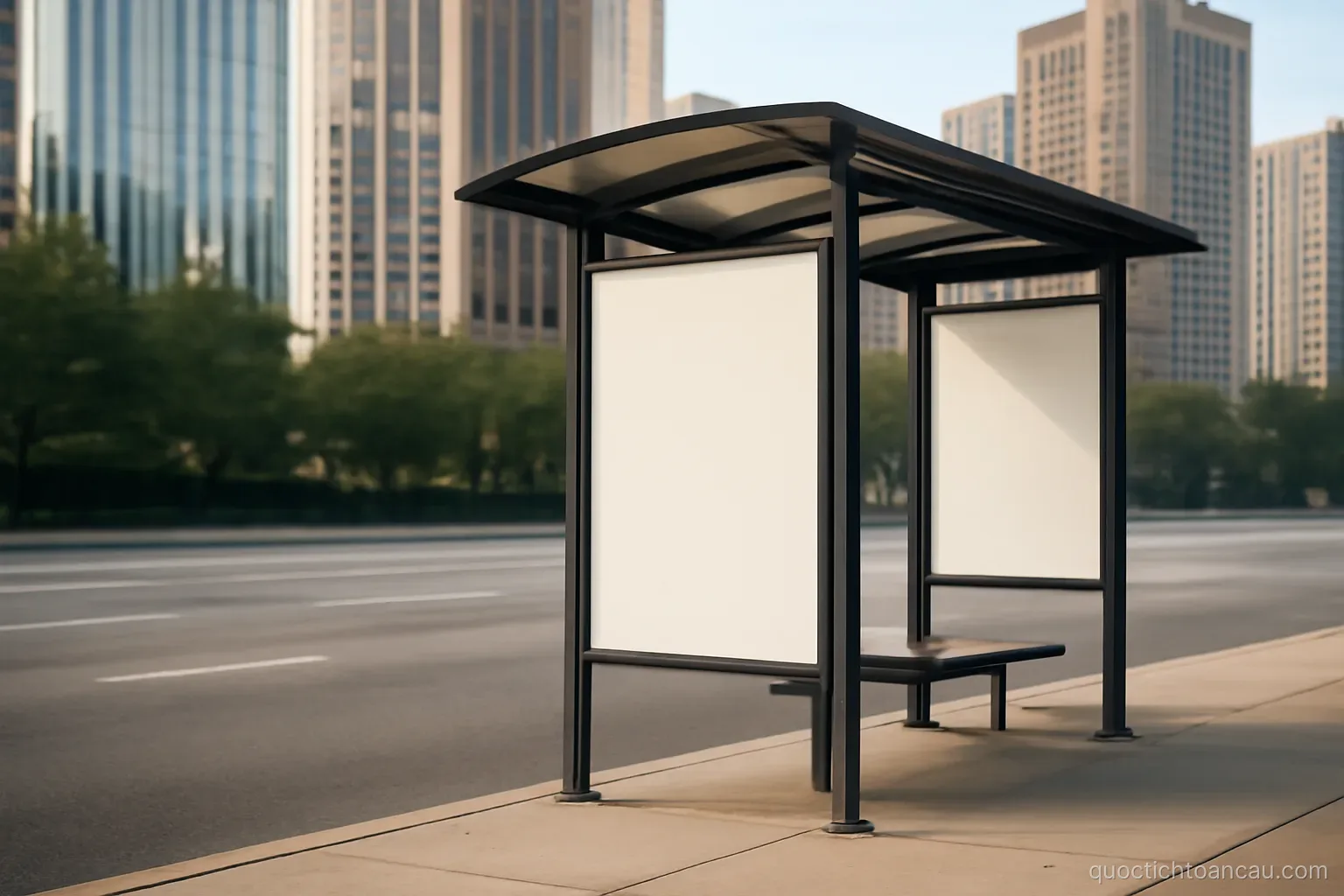 a bus stop shelter at the edge of a wide road with tall buildings behind it