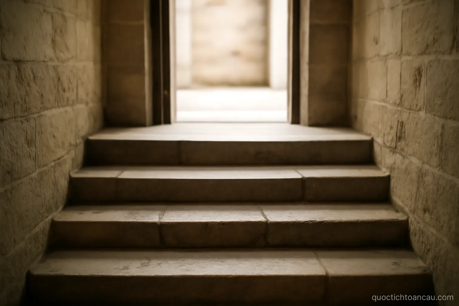a staircase of five wide stone steps rising toward an open doorway