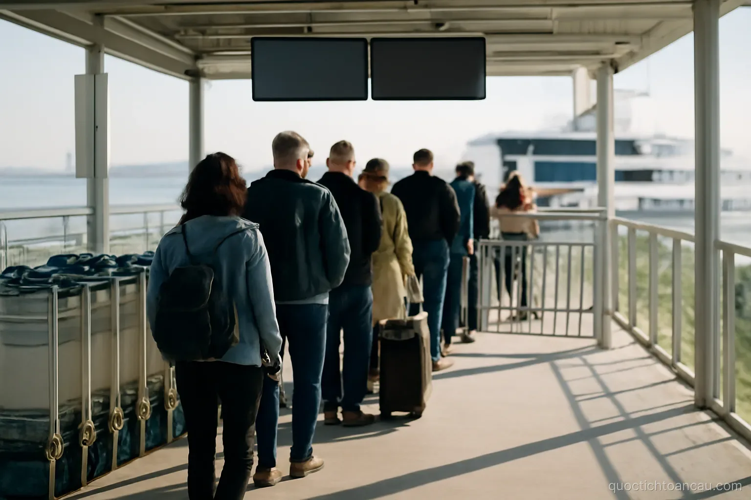 a passenger ferry terminal with people queuing at a gate, luggage trolleys to one side