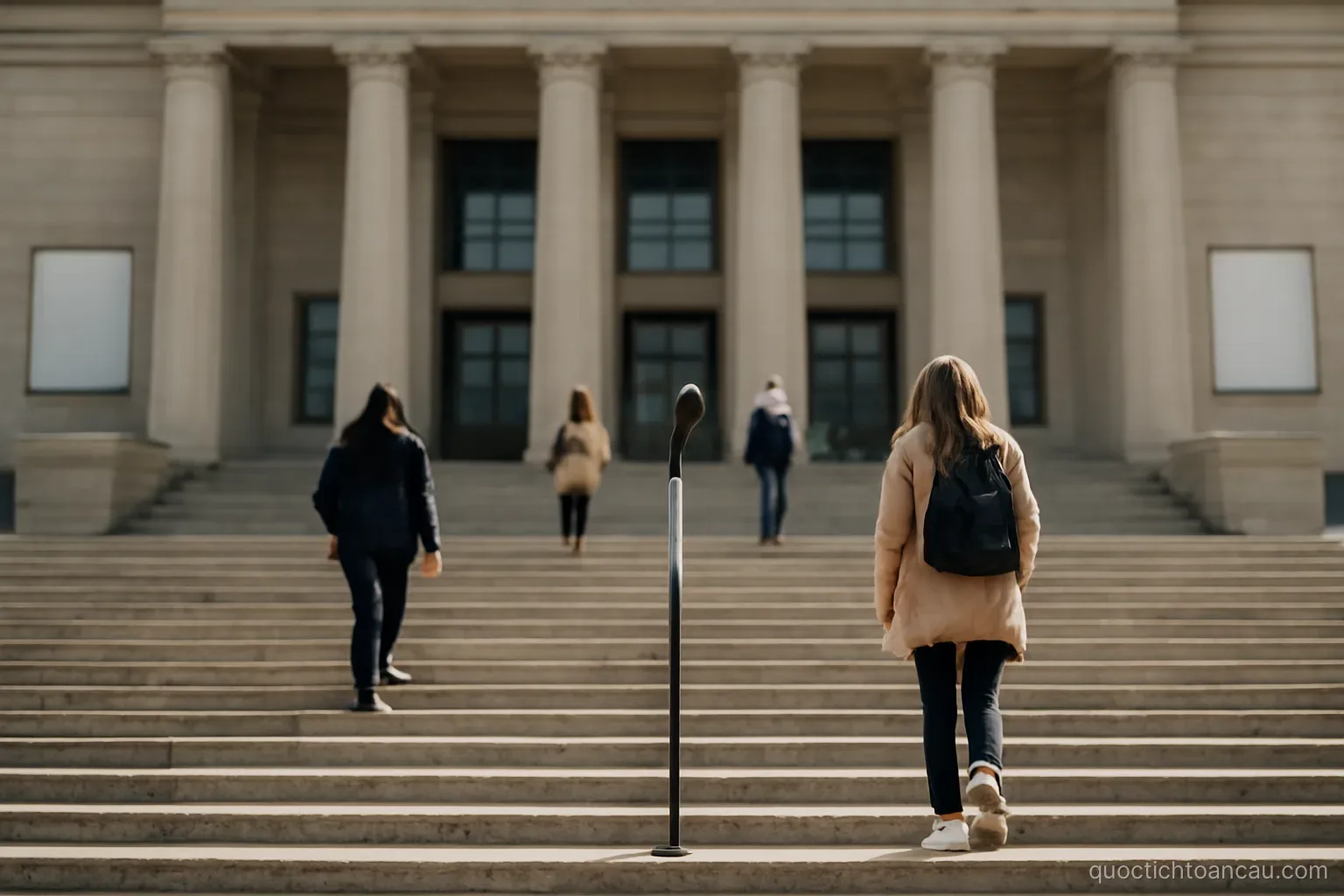 a public building facade with a wide staircase and people walking up it