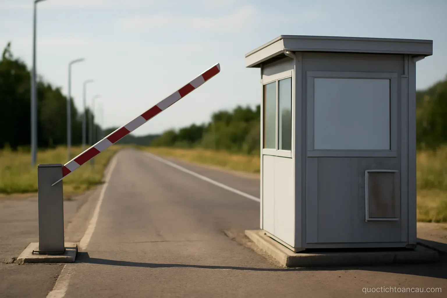 a border crossing point with an open barrier and an empty booth beside the road