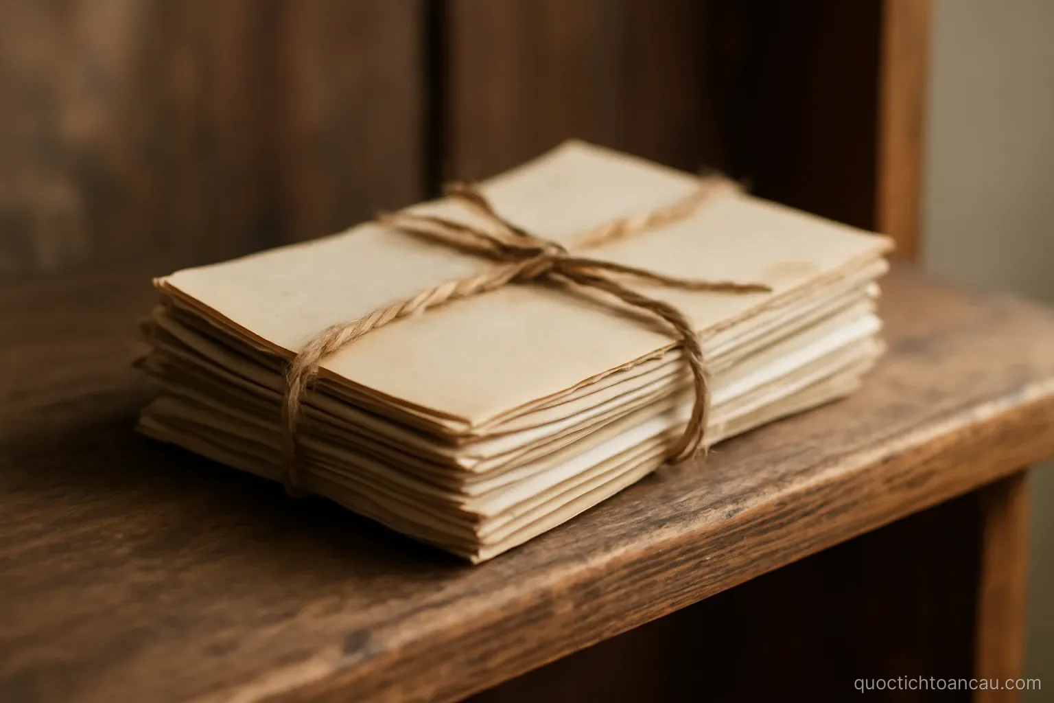a bundle of old family letters tied with string resting on a wooden shelf