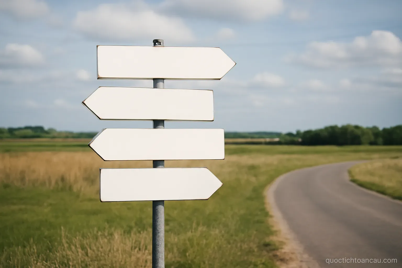 a row of road signs at a junction pointing in several directions across open country