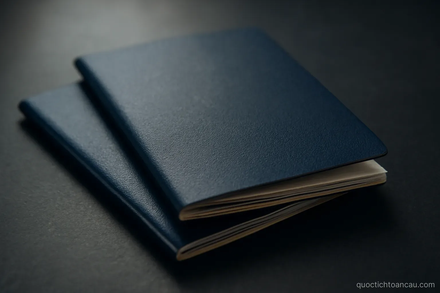 two passports fanned out on a dark surface with a shallow depth of field