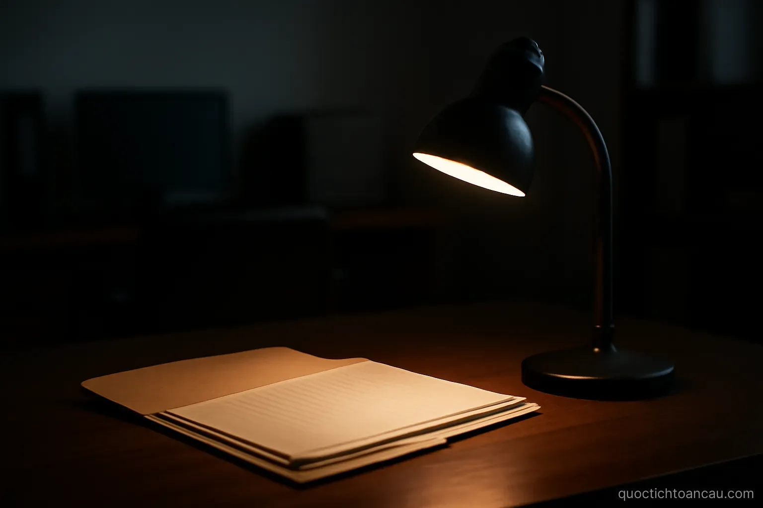 a desk lamp lighting an open folder of documents in an otherwise dark office
