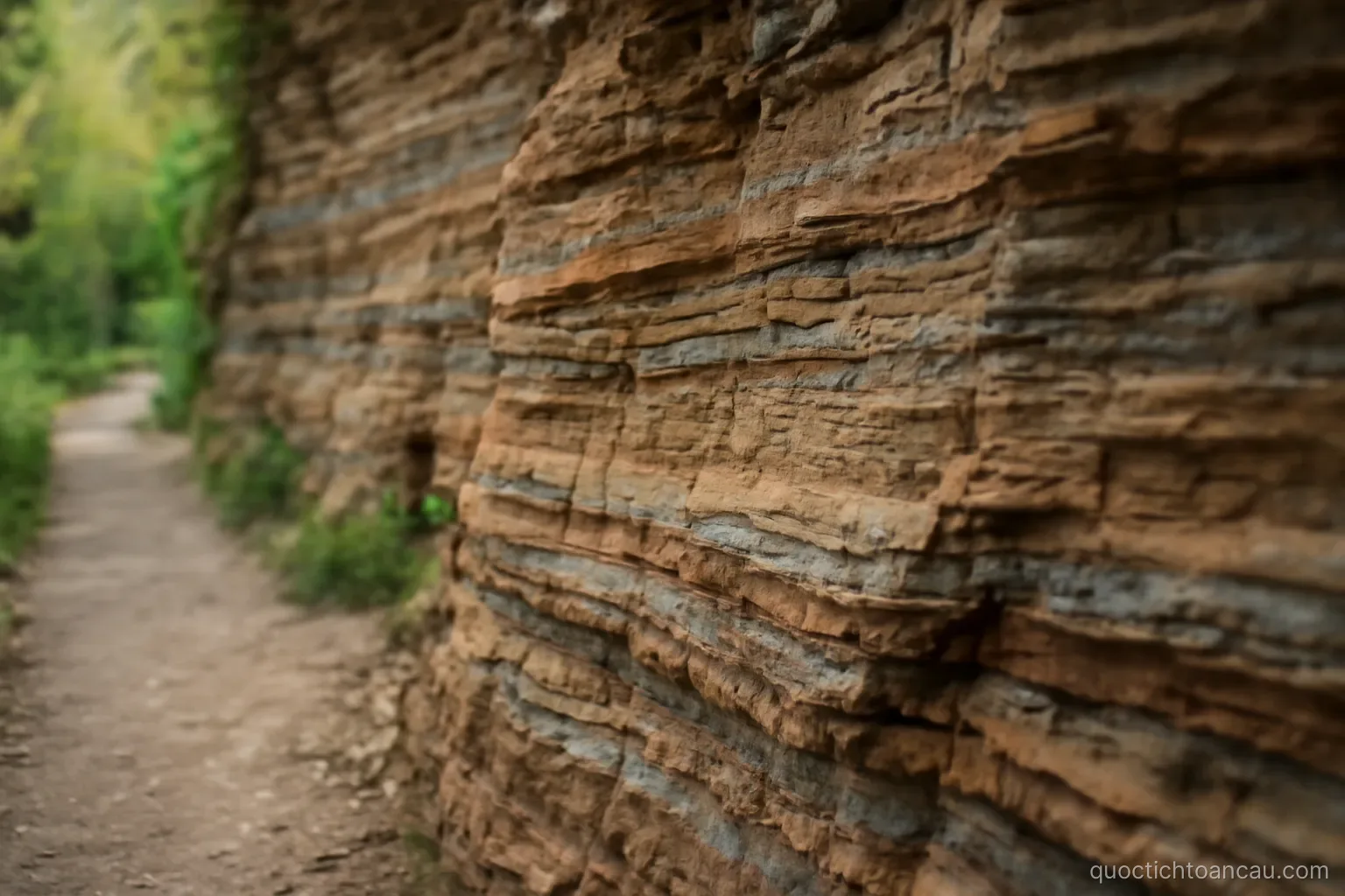 a cross section of layered rock exposed on a cliff face beside a walking path