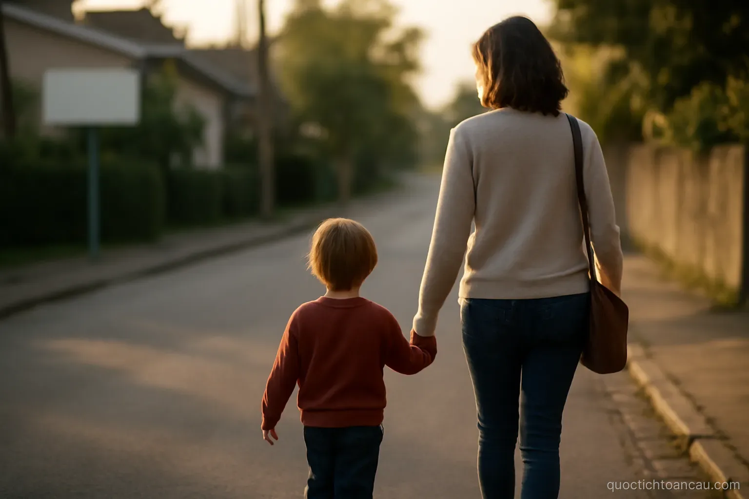 a mother and child walking together along a quiet street in the late afternoon