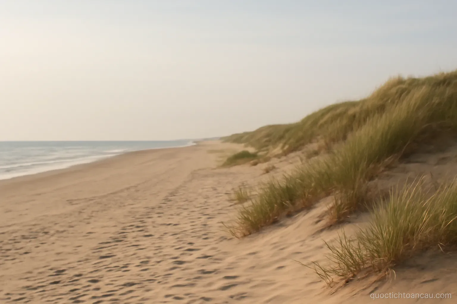 a long empty beach with dunes and grass under a pale morning sky