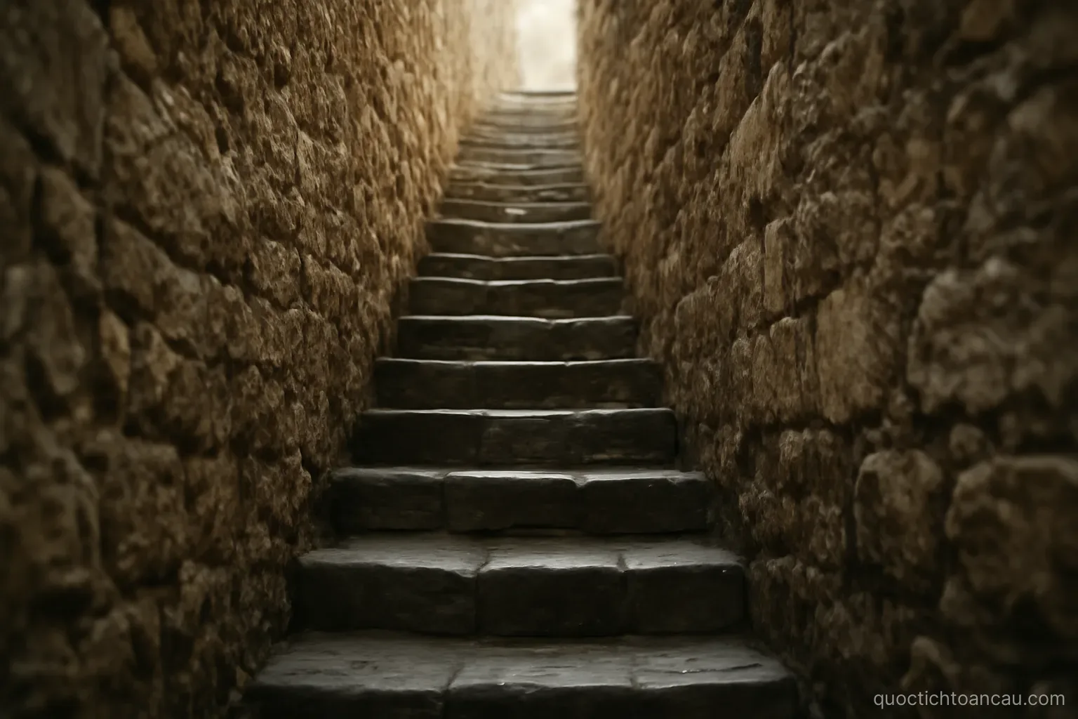 a narrow stone staircase between two tall walls leading upward out of frame