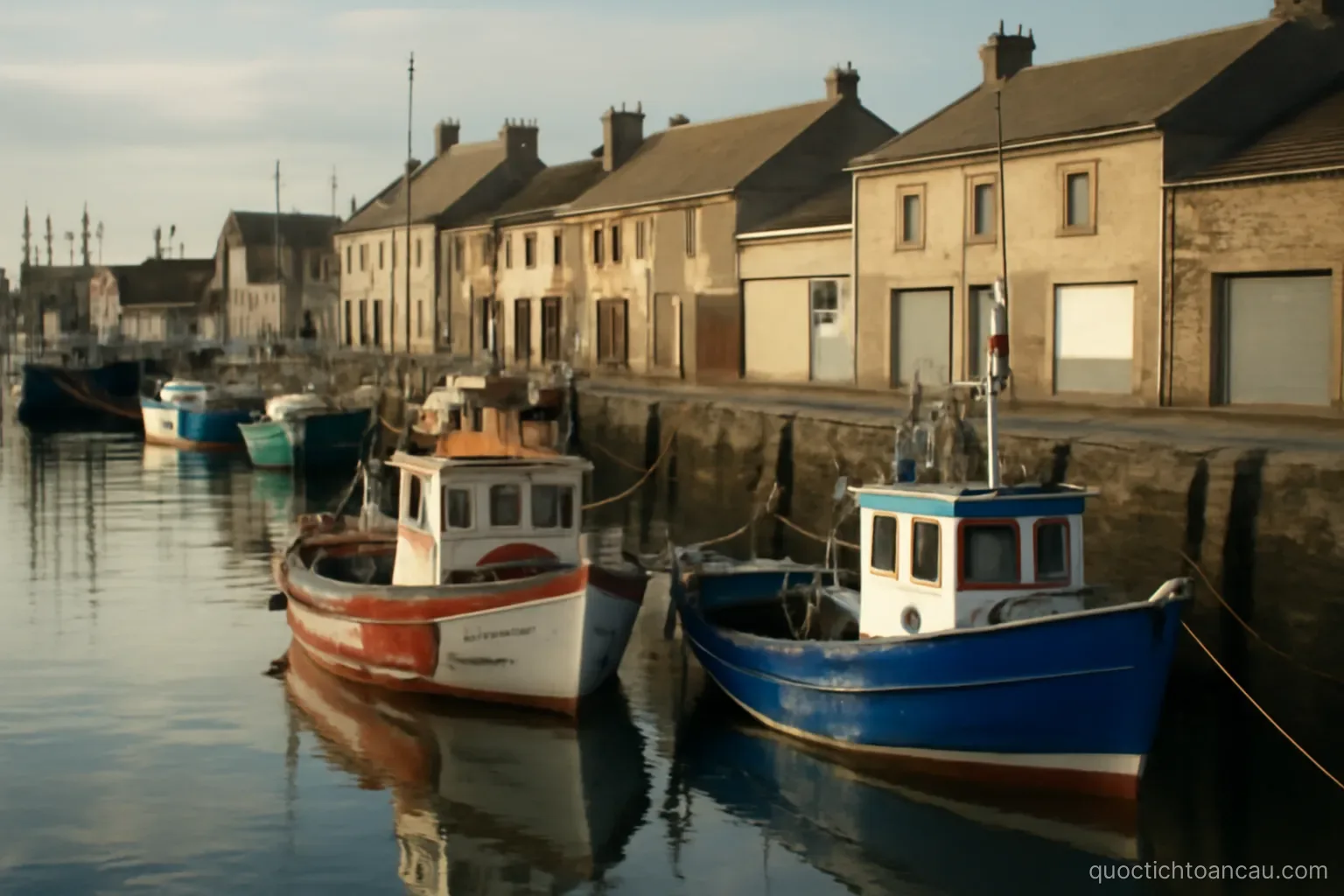 a small harbour with fishing boats moored and low buildings along the waterfront